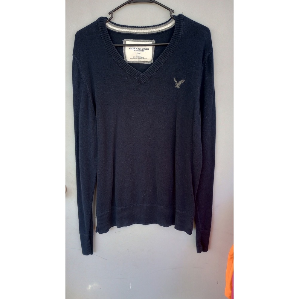 Vintage Y2K American Eagle V Neck Embroidered Logo Navy‎ Blue Sweater VGVC L
